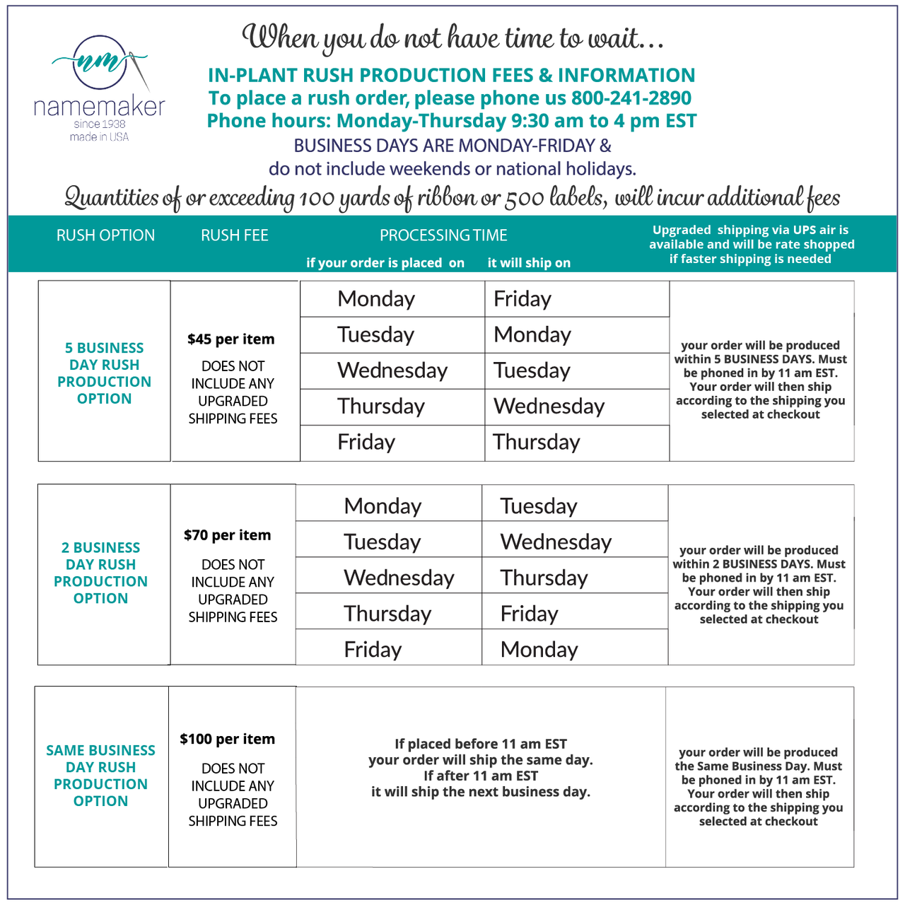 Name Maker rush order shipping charts for custom clothing labels and personalized ribbon.