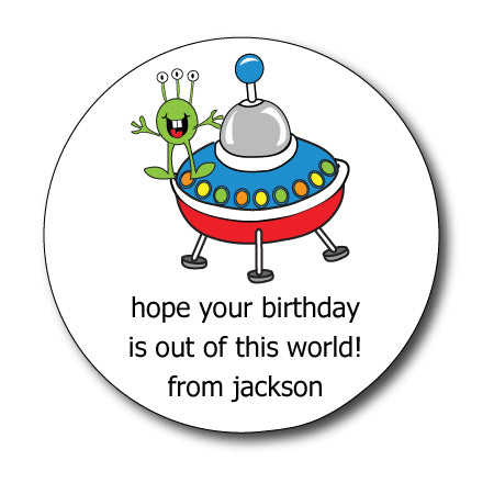 Round Alien on Spaceship Gift Stickers